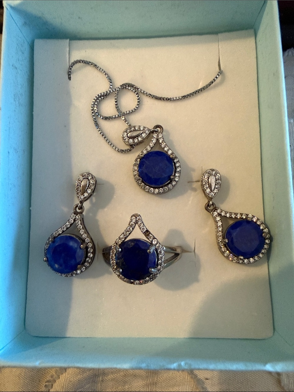 Blue Crystal Teardrop Pendant, Earrings and Ring Set - Women's Jewelry